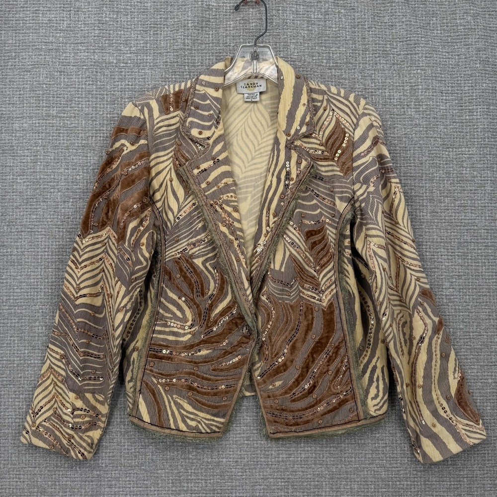 Sandy Starkman Blazer Womens S Beige Animal Print Sequin Embroidered Button